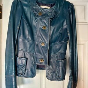 RARE Limited Edition Teal Blue Peter Som Leather Jacket Coat S Small Peplum Moto